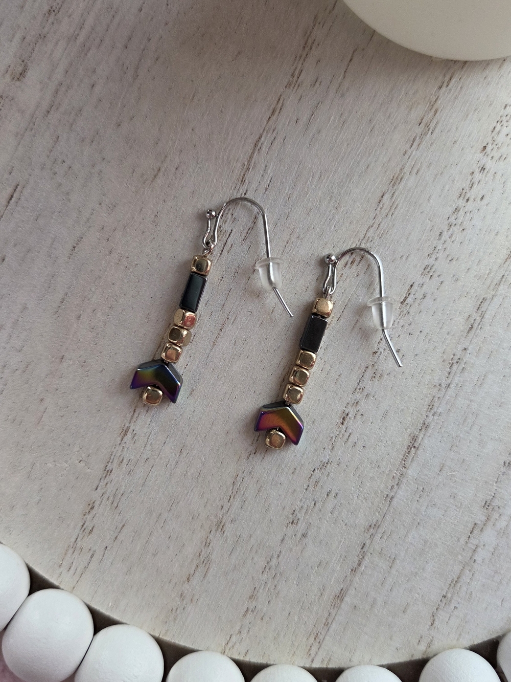 Gold & Iridescent Chevron Drop Earrings - Handmade